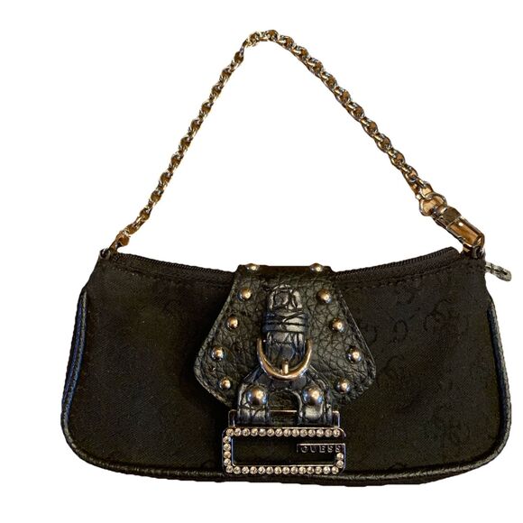 Vintage Y2K Guess Mini Bag Purse Black Studded Chain Madonna 80's Jeweled Logo - Picture 1 of 10